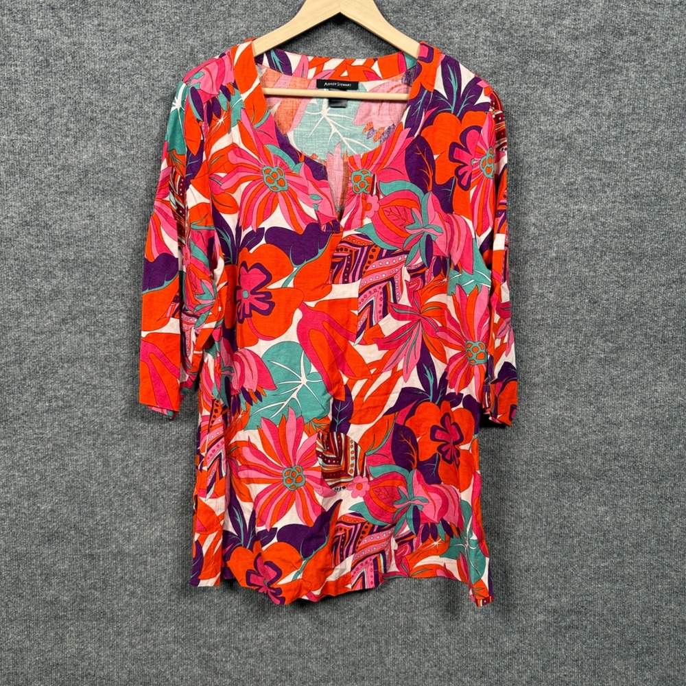 Ashley Stewart Sz 16 Top Blouse Tunic Red Floral Linen Rayon Maximalist Vacation